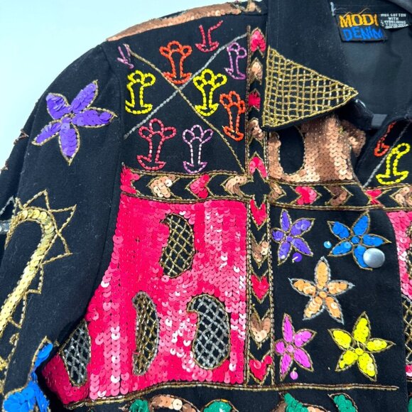 MODI DENIM VINTAGE ART TO WEAR JACKET Woman’s Medium sequin bling extra fancy - Picture 5 of 14